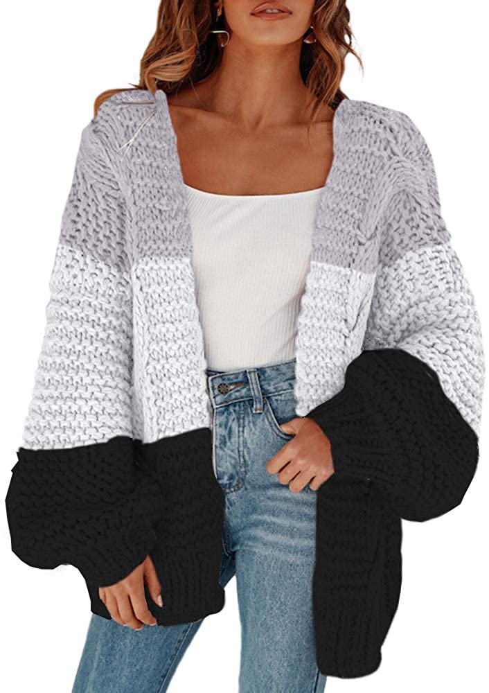 QUALFORT Women's Oversized Long Sleeve Open Front Cardigan Lantern Sleeve  Chunky Knit Cardigan Sweater with Pockets : : Everything Else