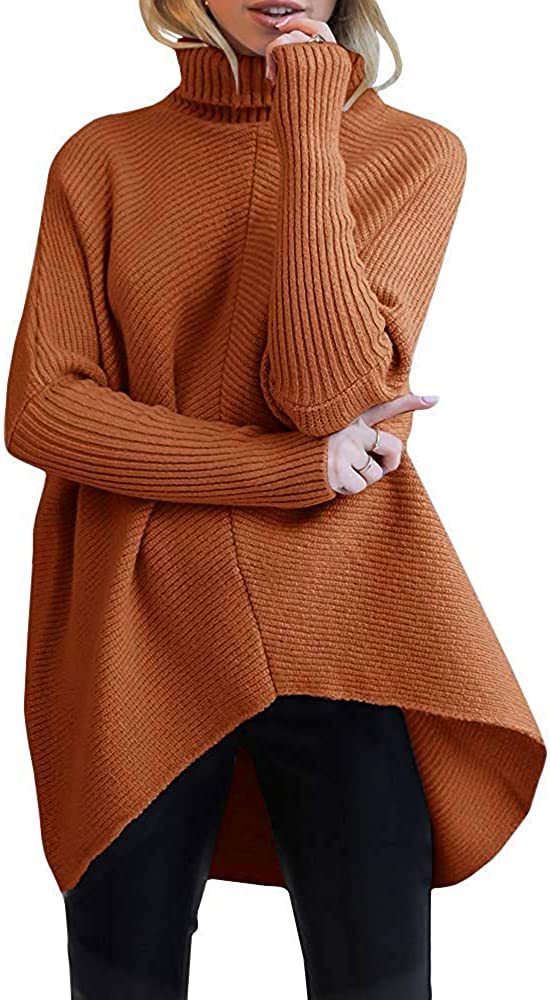 MILLCHIC Womens Turtleneck Long Batwing Sleeve Sweater Asymmetric Hem Casual Pullover Knit Tops 