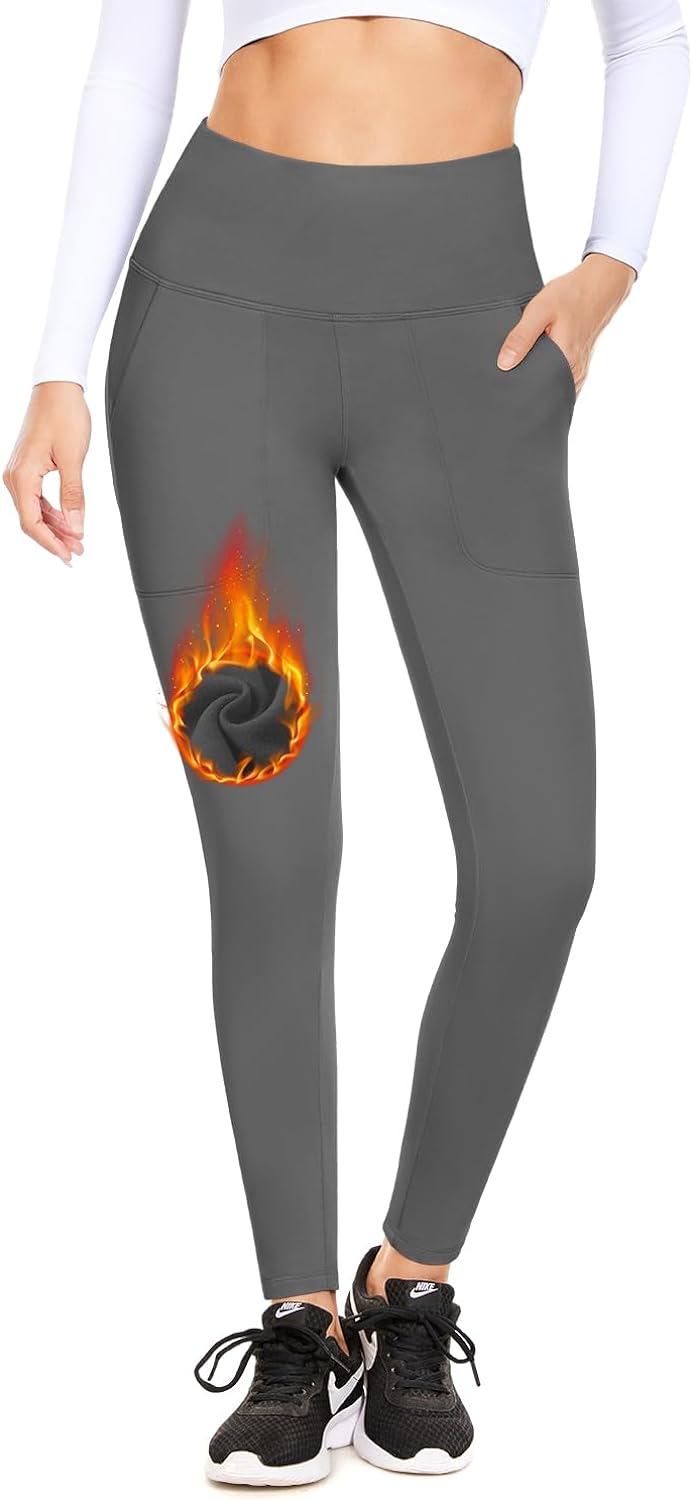 DHSO Fleece Lined Leggings Women with Pockets - Tummy Control High Waisted  Worko