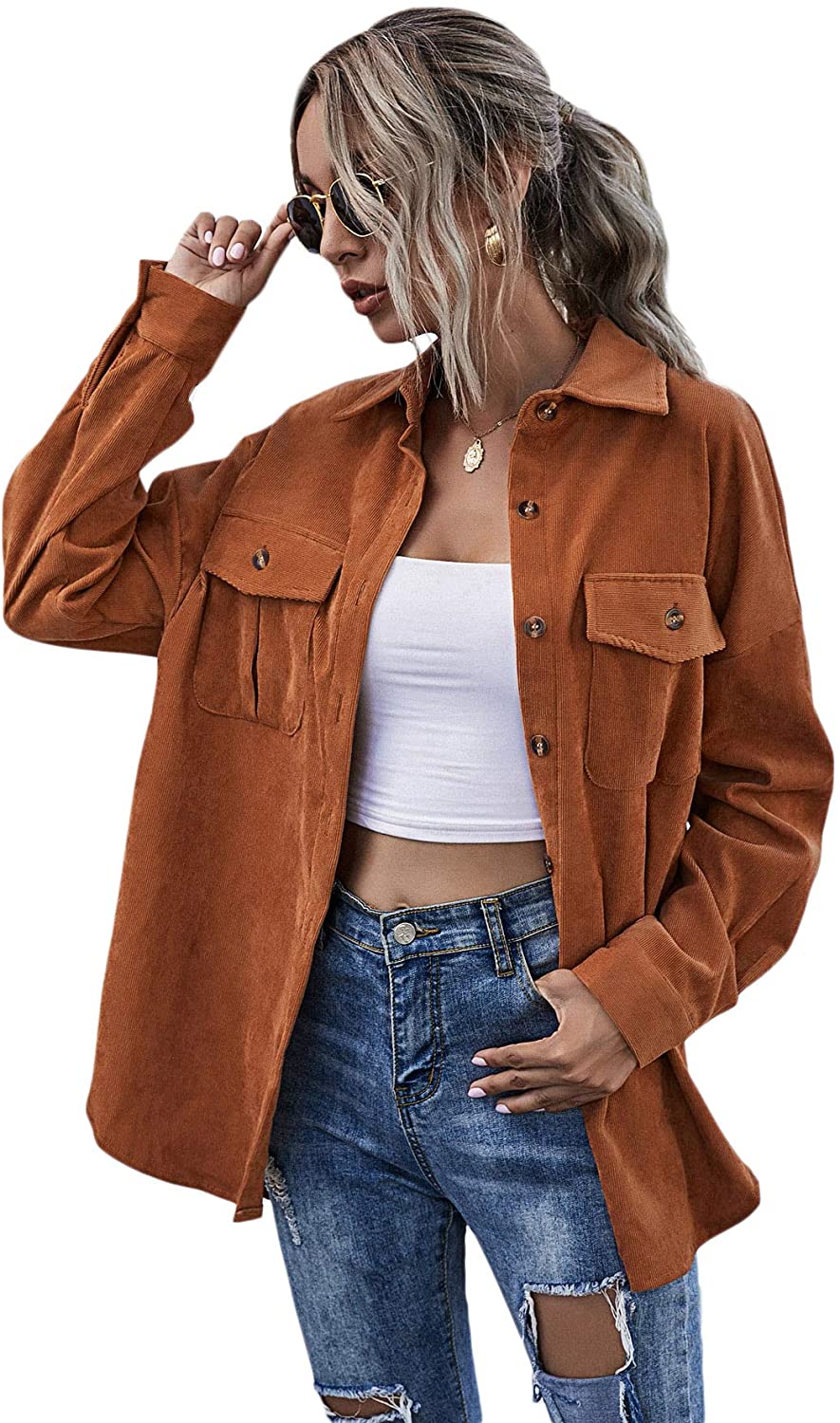 MakeMeChic Womens Corduroy Shacket Jacket Coat Button Down Shirt | eBay