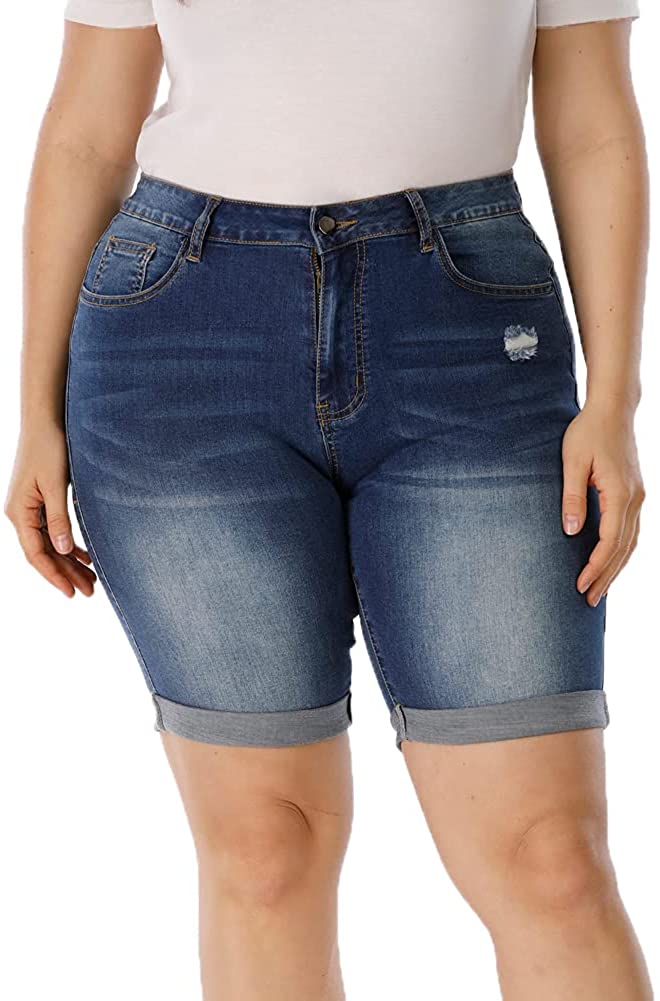Allegrace Women's Plus Size Denim Shorts High Waist Folded Hem Pockets Jeans Sho 