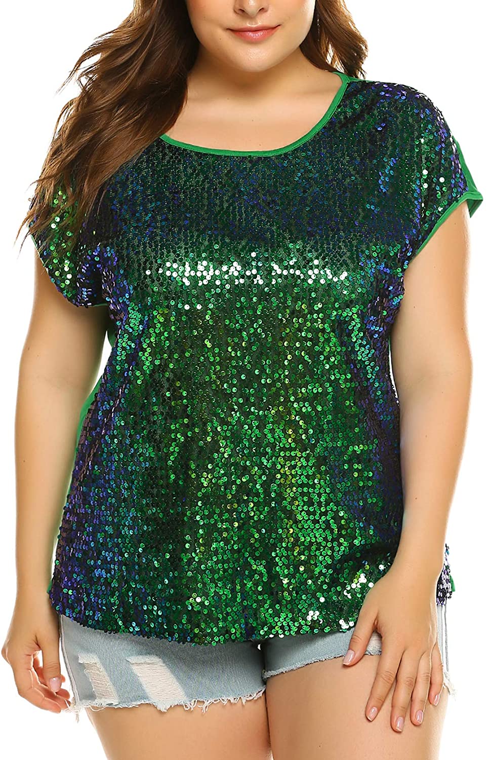 thumbnail 10 - IN&#039;VOLAND Women&#039;s Sequin Tops Plus Size Round Neck Sparkle Top Shimmer Glitter S