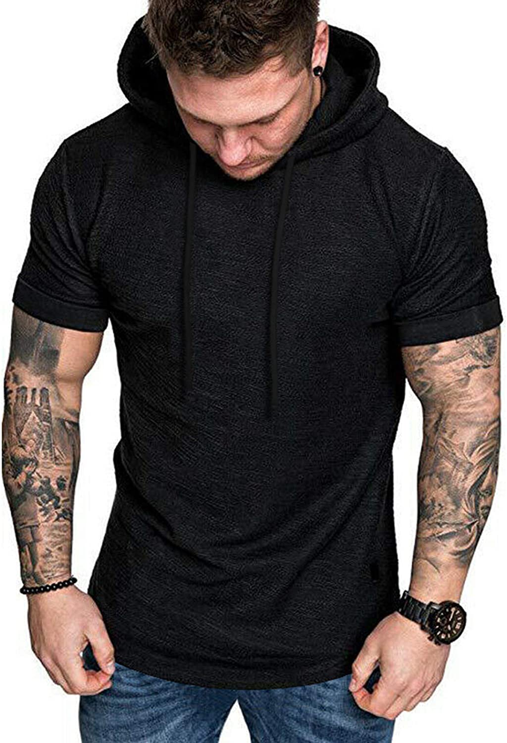 COOFANDY Workout Shirts for Men Muscle T-Shirt Bodybuilding Gym Tee Short Sleeve Hooded Fitted Shirts 