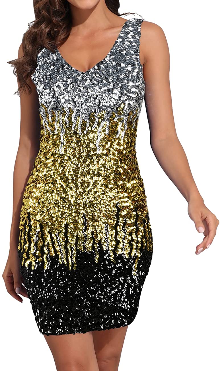 PrettyGuide Women's Sexy Deep V Neck Sequin Glitter Bodycon Stretchy ...