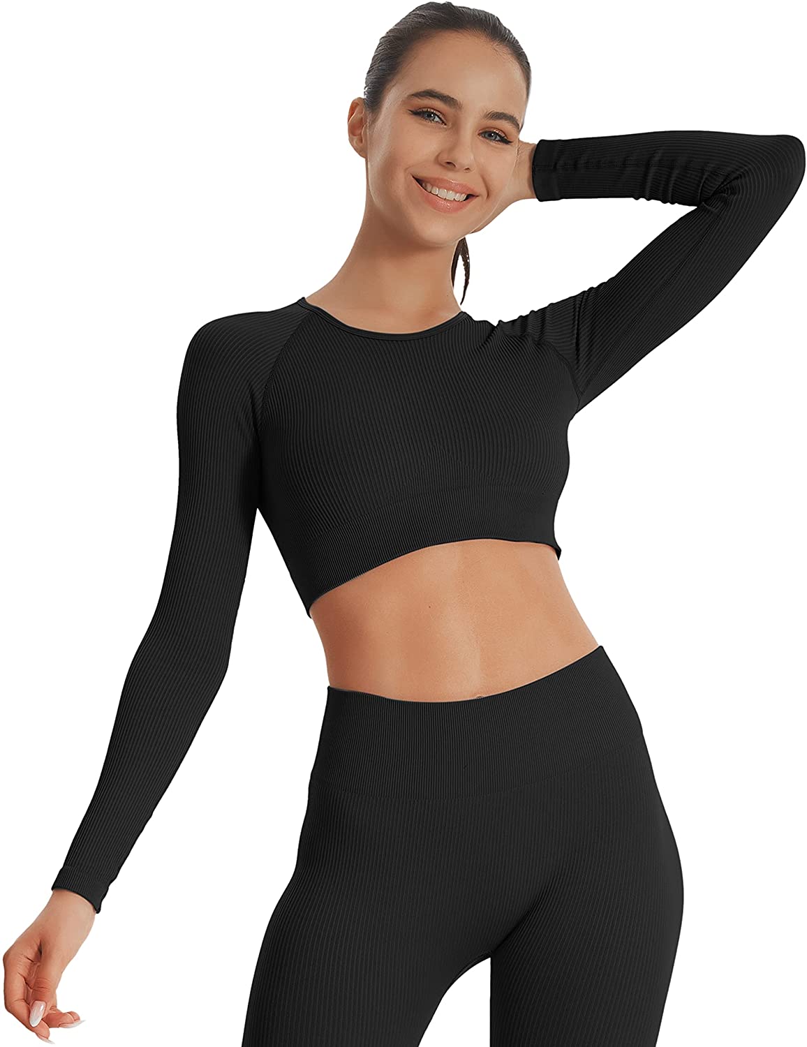 VALANDY Women's Long Sleeve Crop Tops Seamless Workout Shirts Fitted Crewneck Ribbed Basic Tight Tees 
