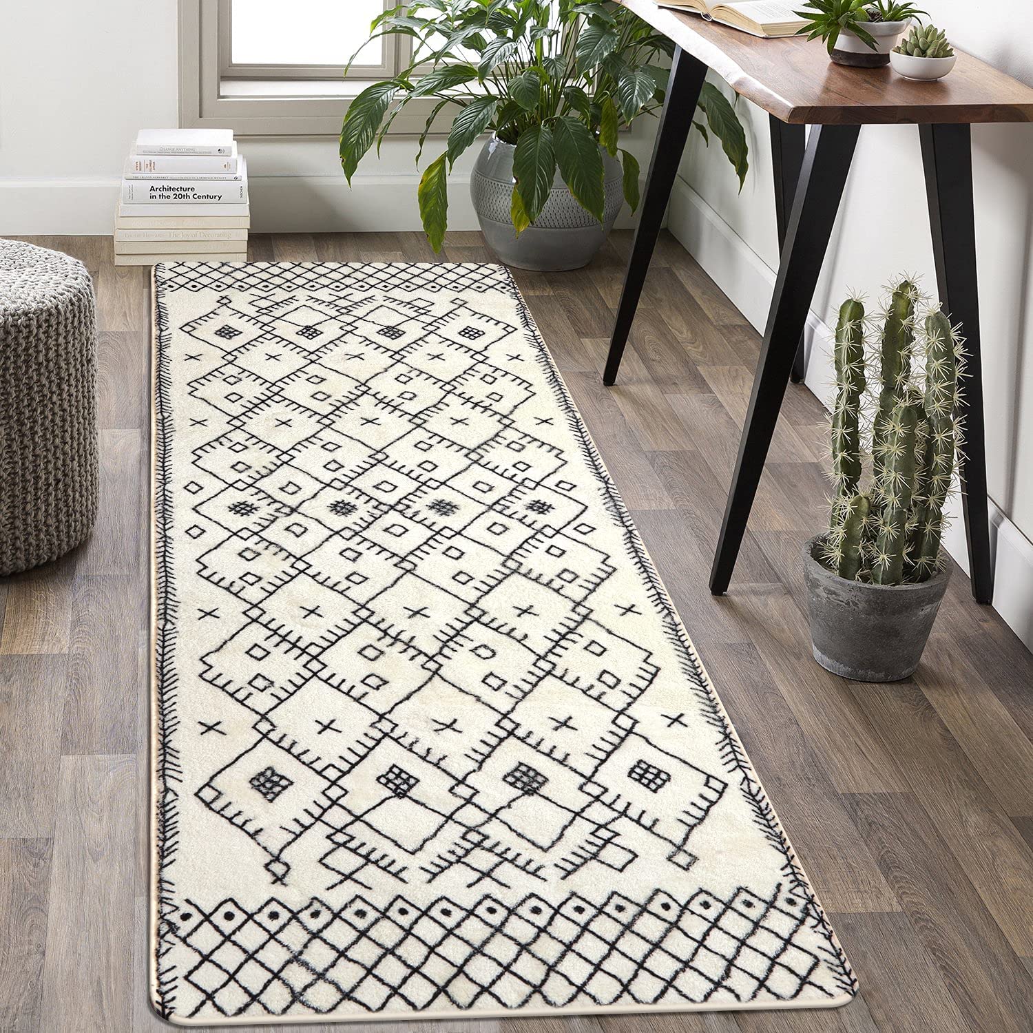 Black Line Geometric Area Rug, Boho Long Bath Mat Non-slip