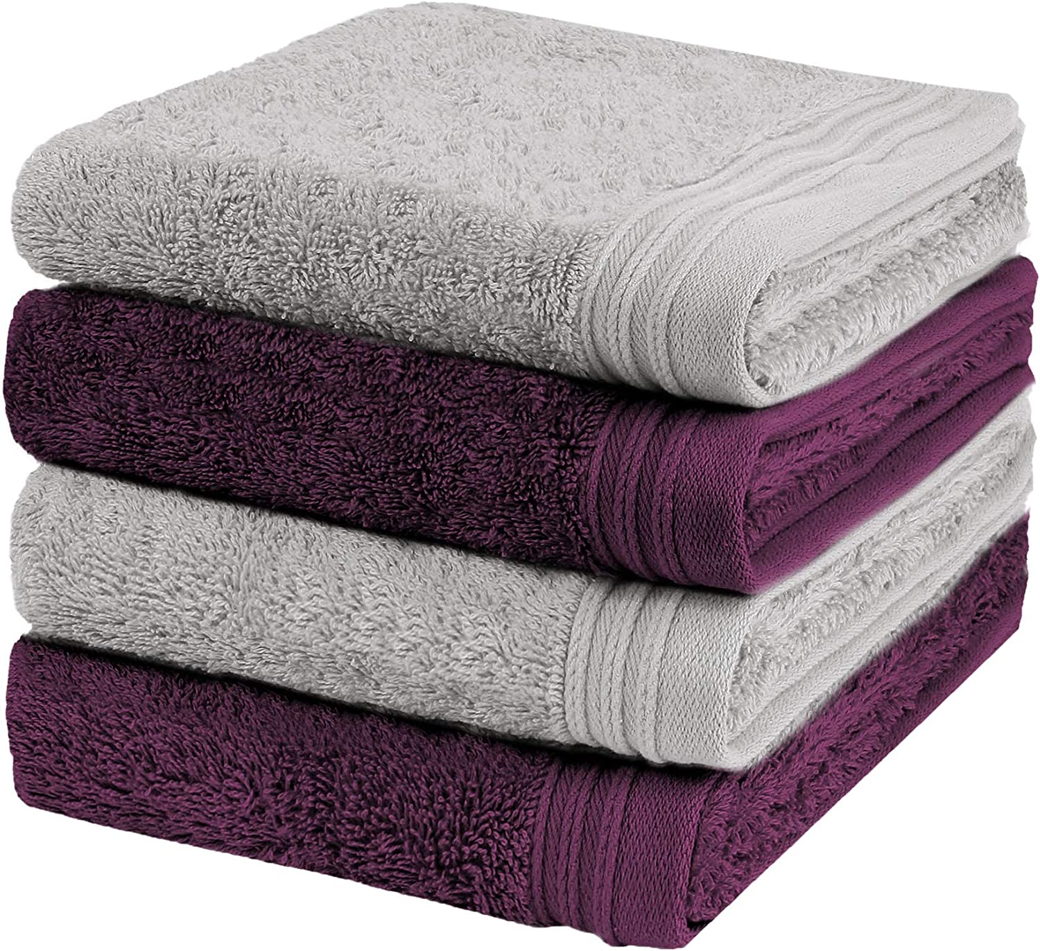 Premium Towel Set of 4 Hand Towels 18 inch x 30 inch Color: Plum and Silver | Pure Cotton |Machine Washable High Absorbency | by Weidemans, Size: 4