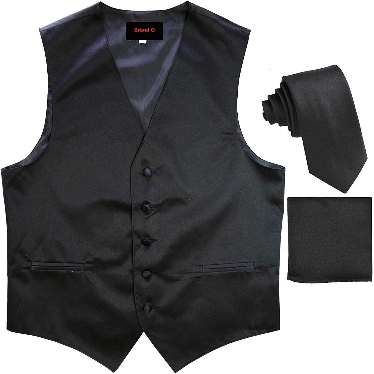 Brand Q 3pc Mens Dress Vest Necktie Pocket Square Set For Suit or Tuxedo