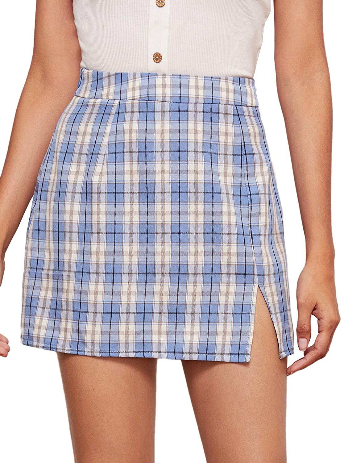 Floerns Womens Plaid Bodycon Split Mini Skirt