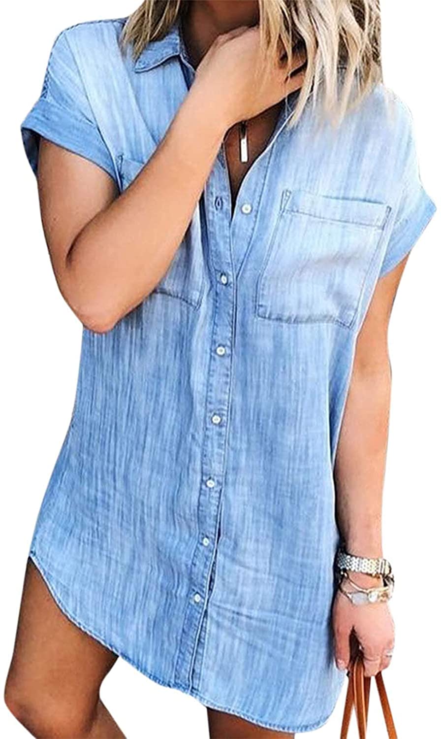 ZHESHI Denim Shirt Dresses for Women V Neck Long Sleeve Jeans Button Down Short Dress Belted Denim Shirt Dress with Pockets 