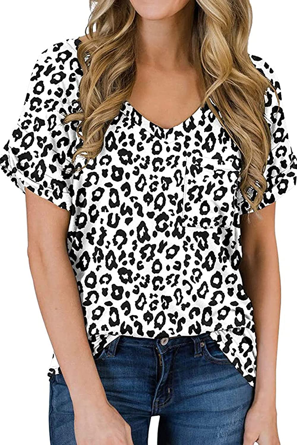 KINGFEN Women's Leopard Cheetah Print Tops Summer Cold Shoulder Twist Knot Animal Print Shirts 