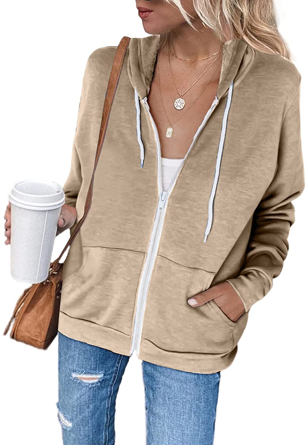 Women Long Sleeve Zip-up Hoodie Jacket, Solid Color Sweatshirt Coat