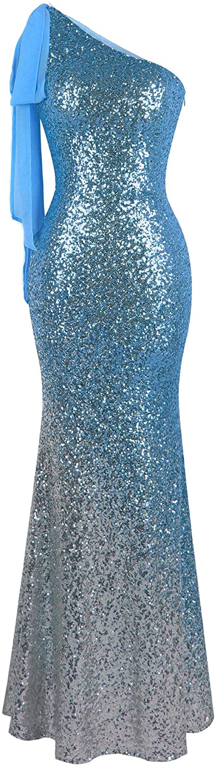 Angel-fashions Women's Asymmetric Ribbon Gradient Sequin Mermaid Long Dress