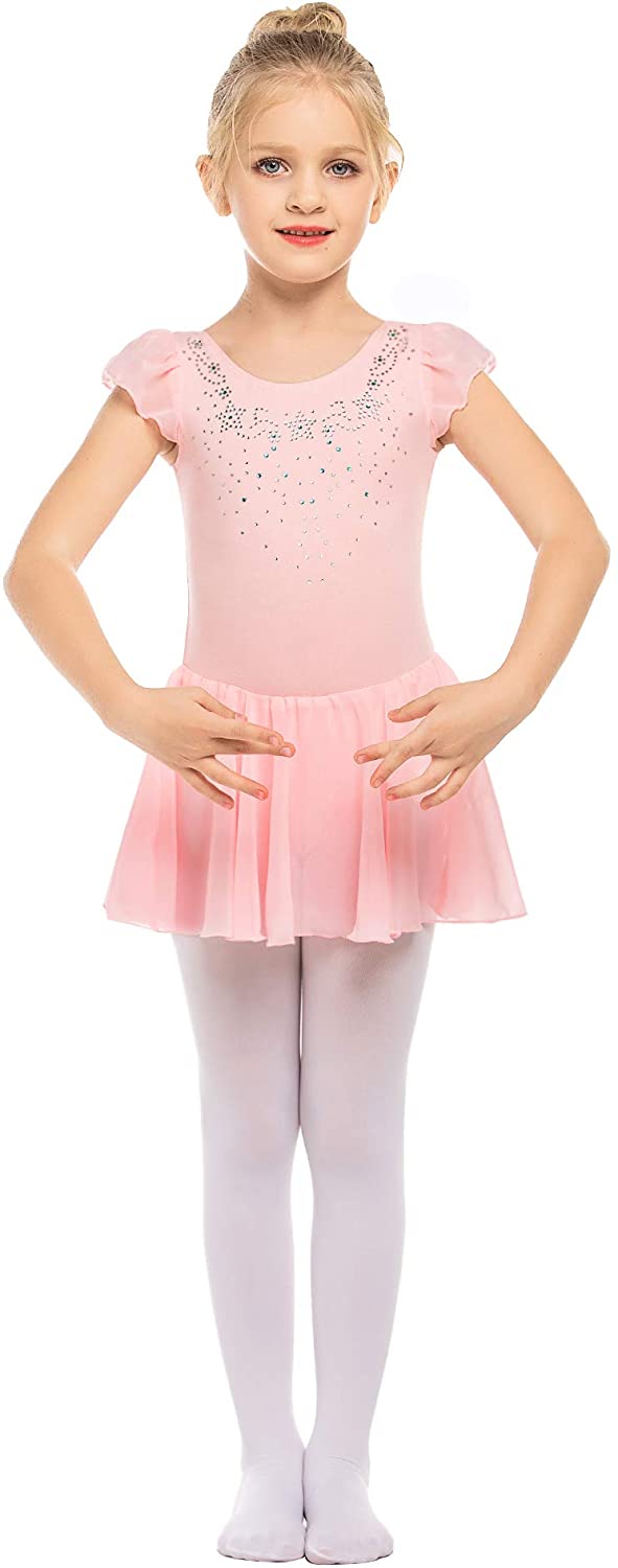 Zaclotre Girls Ruffle Sleeve Shiny Skirted Leotard Ballet Dance Dresses with Dance Tights