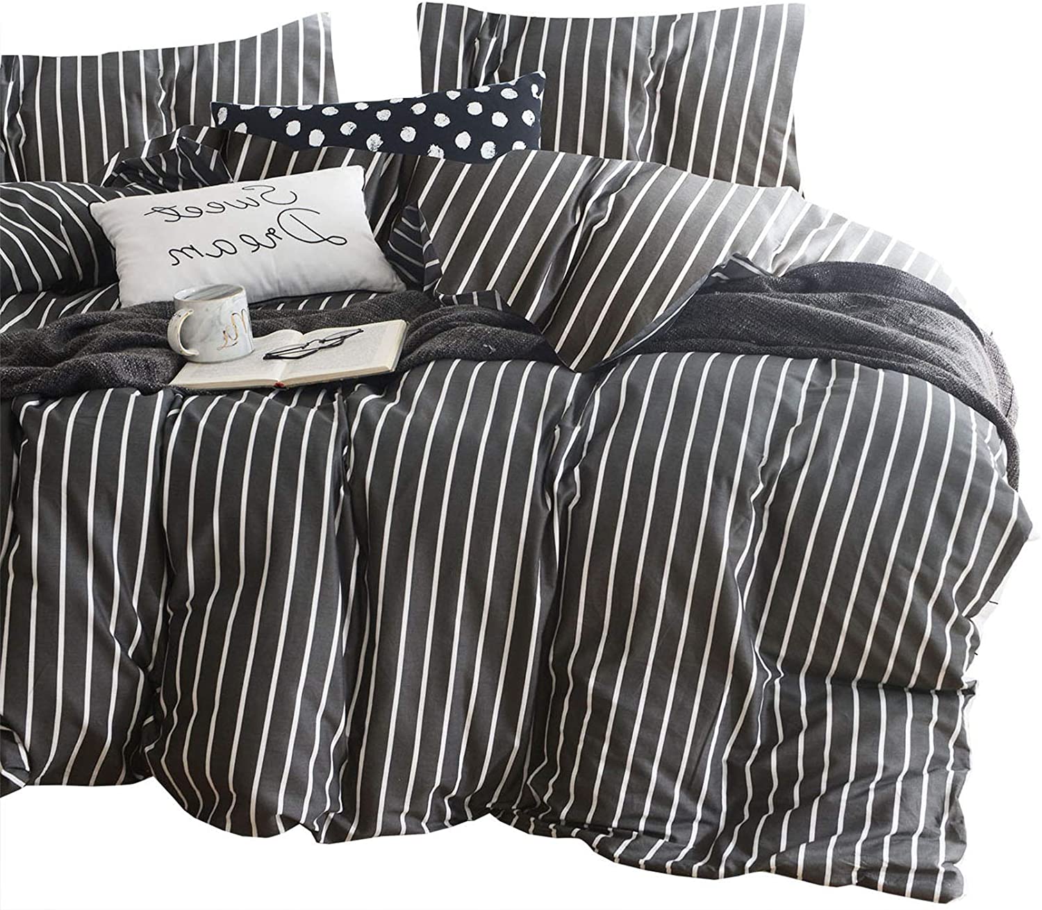 Wake In Cloud - Gray Striped Comforter Set, 100% Cotton Fabric with Soft  Microfi | eBay