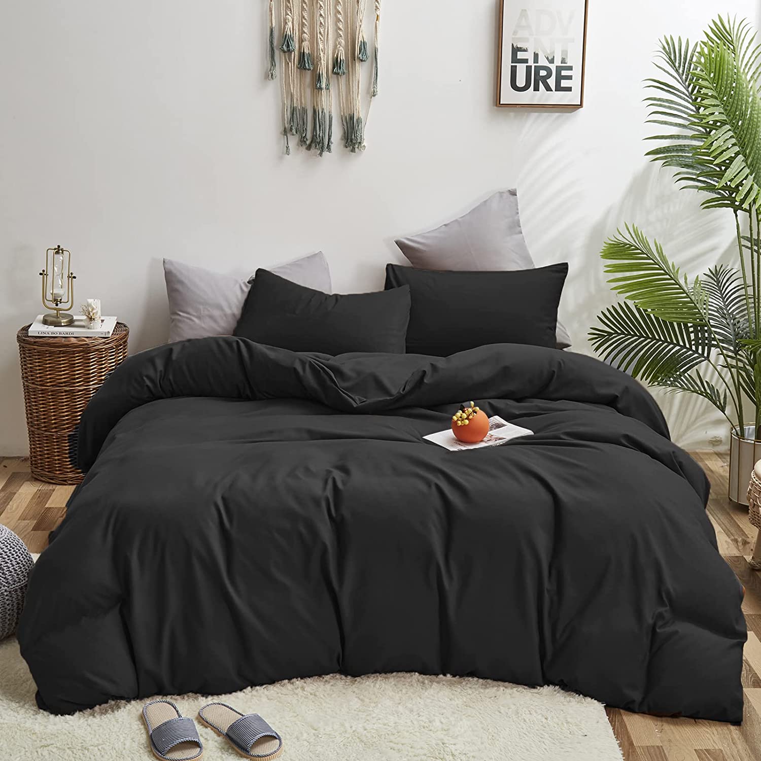 Cottonight Black Comforter Set Queen Black Solid Bedding Comforter Set Full  Wome