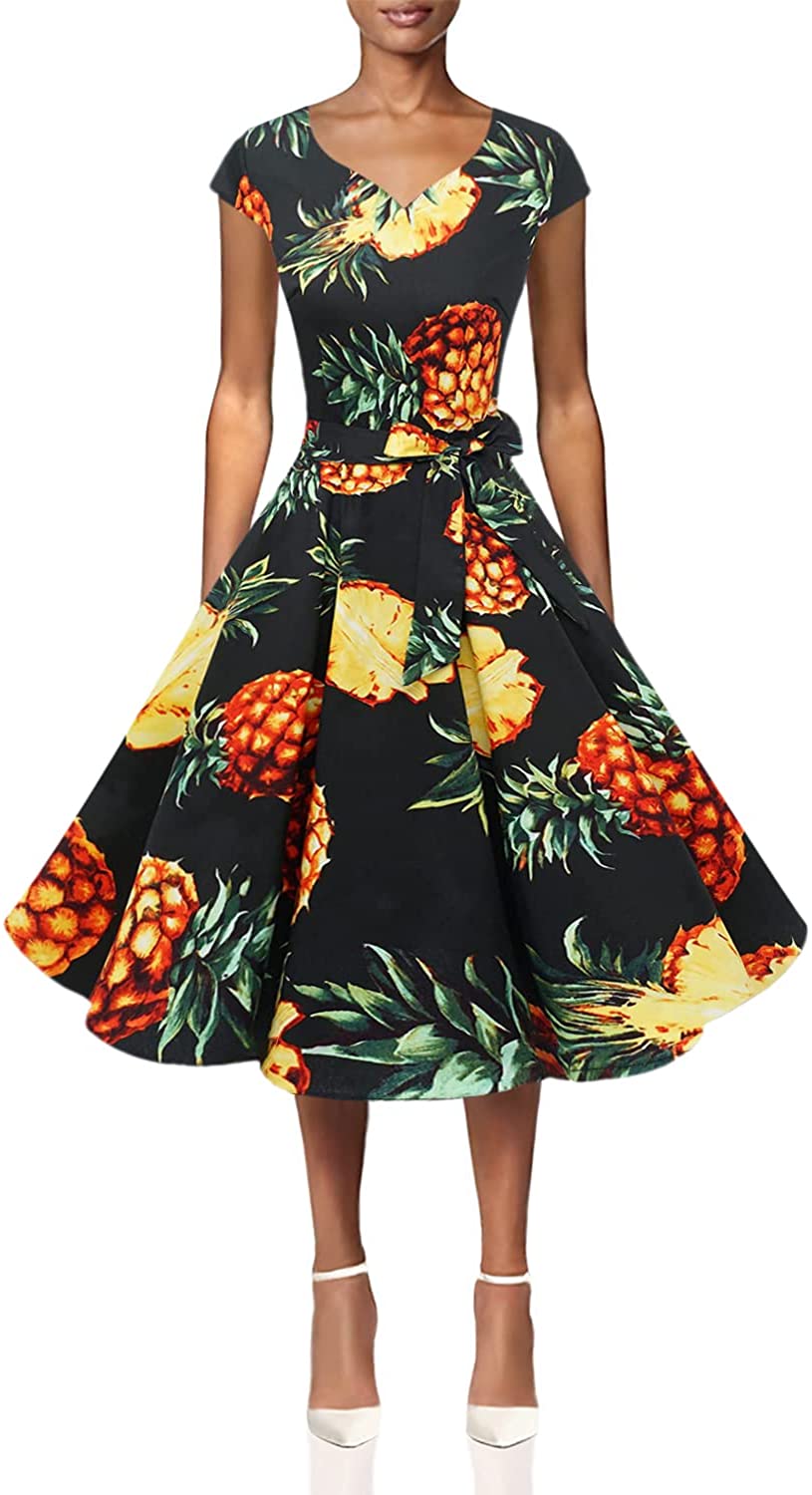 GUTTEAR Womens Vintage Sleeveless Print Casual Evening Party Prom Swing Dress 