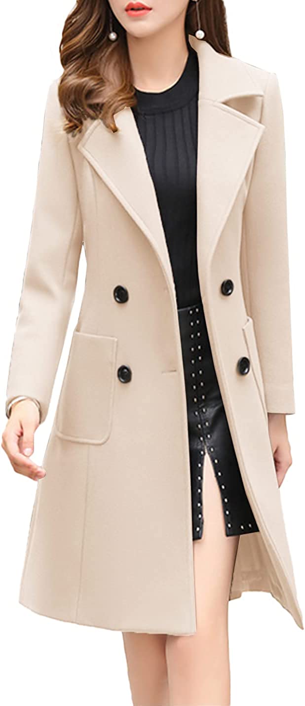 Bankeng Women Winter Wool Blend Camel Mid-Long Coat Notch Double-Breasted Lapel Jacket Outwear (Medium, Black)