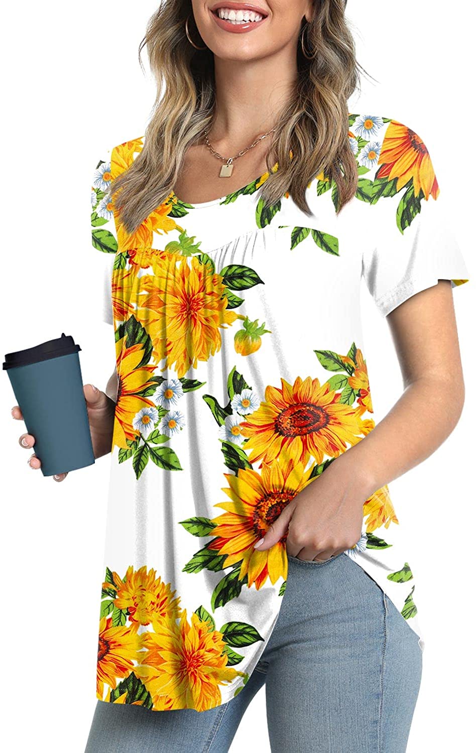  Women Summer Tops Plus Size Hide Belly Tunics Short Sleeve T  Shirts Floral Print Tshirt Dressy Flowy Blouses Tees : Clothing, Shoes &  Jewelry