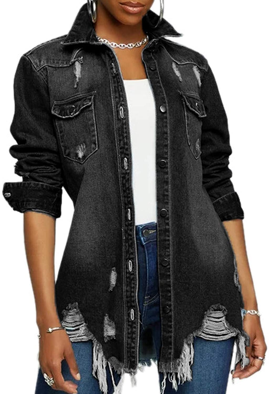 NEW Women's Shirt Collar Cotton Long Distressed Rips Denim Jean Jacket Oversized 