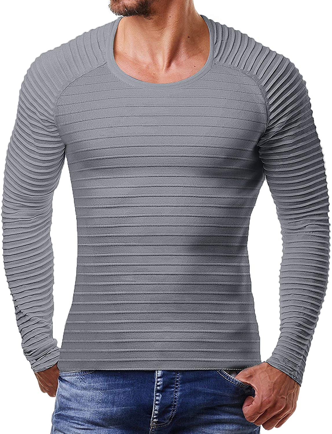 COOFANDY Men's Cable Knit Sweater Stripe Crew Neck Long Sleeve Pullover at  Men’s Clothing store