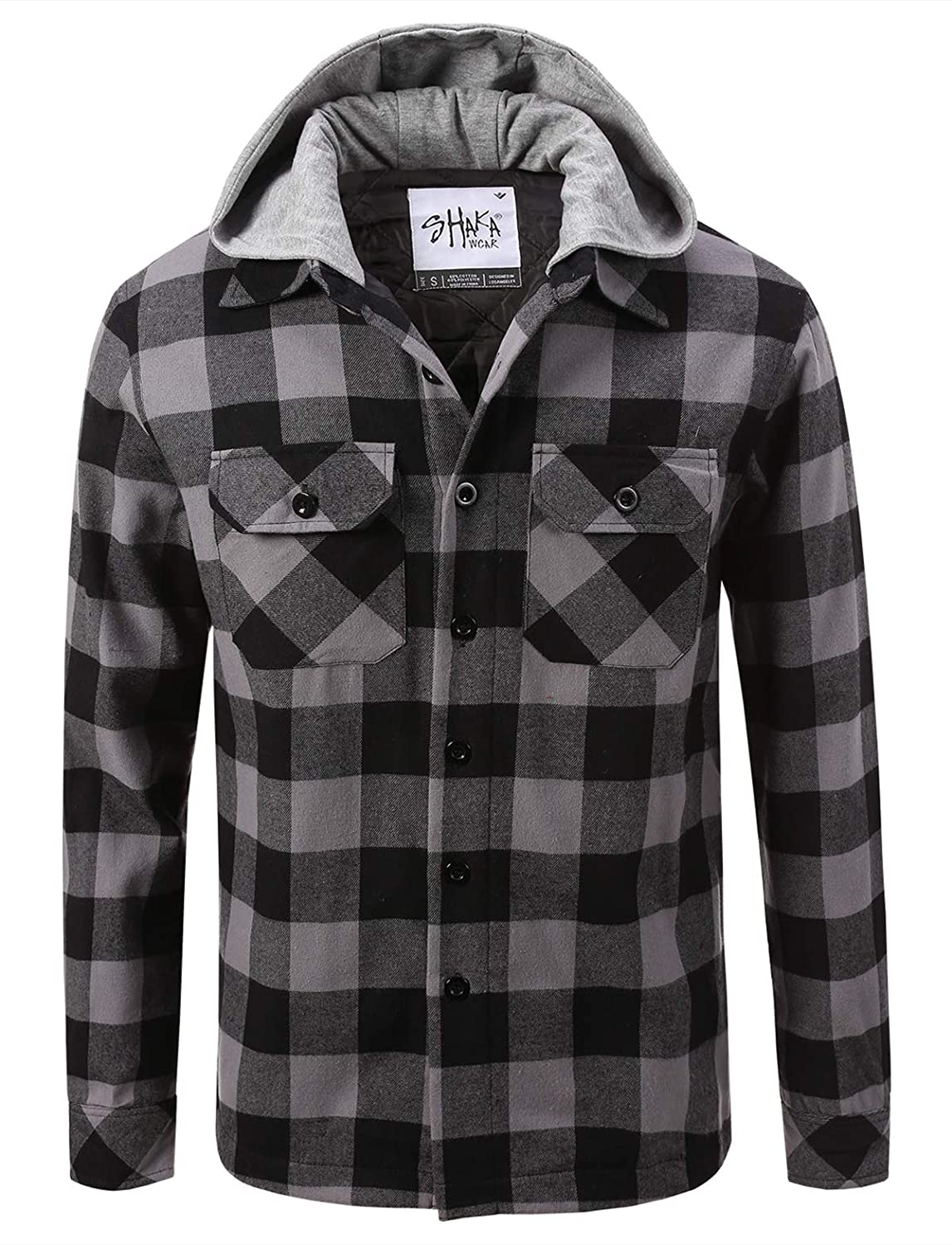 Shaka Wear Men's Plaid Shirts – Flannel Hooded Long Sleeve Casual Button Up  Fleece Soft Quilted Lined Hoodie Jacket PFJ02 Black S at  Men's  Clothing store
