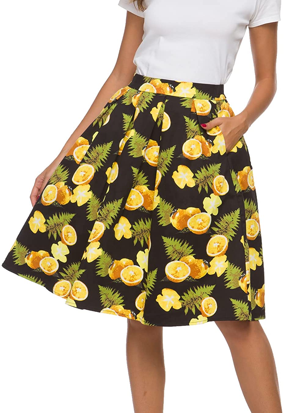 Tandisk Women's Vintage A-line Printed Pleated Flared Midi Skirt with  Pockets | eBay