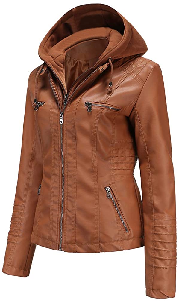 Womens Faux Leather Motorcycle Jacket with Hoodie