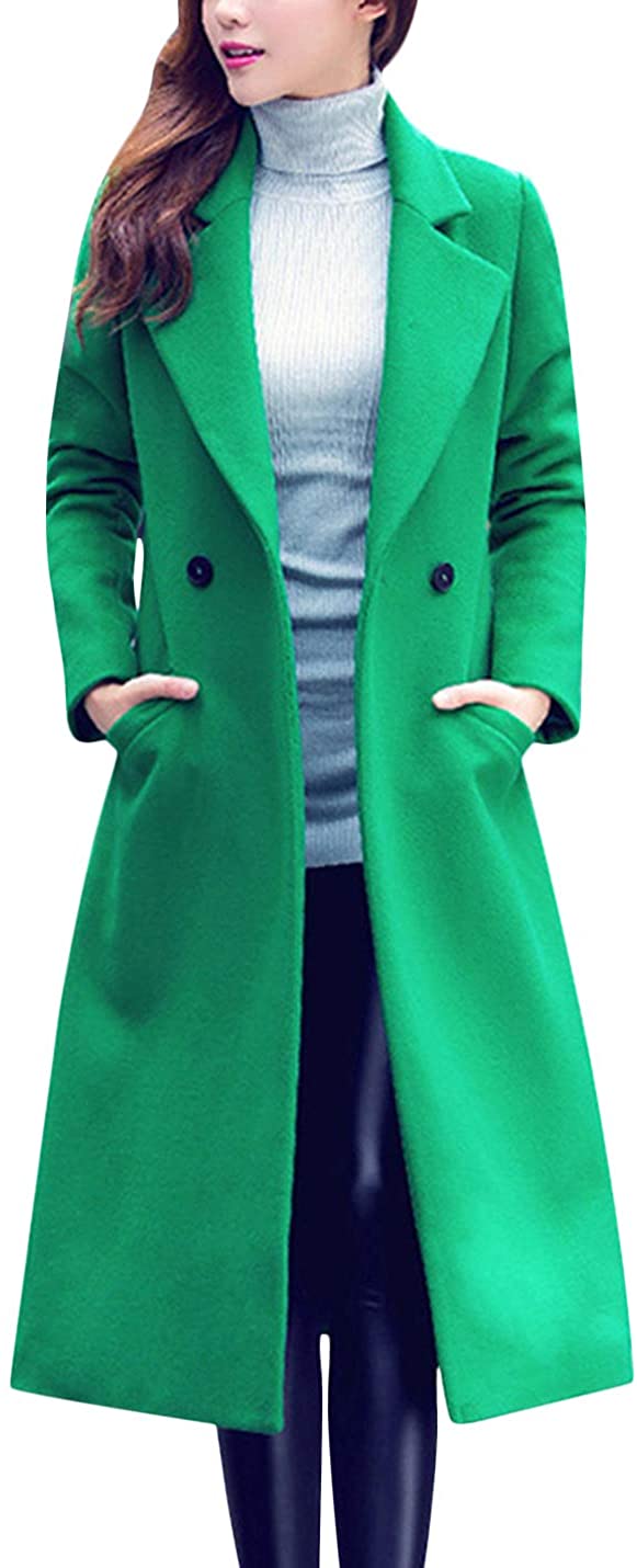 Tanming Womens Notch Lapel Double Breasted Wool Blend Mid Long Pea Trench Coat 
