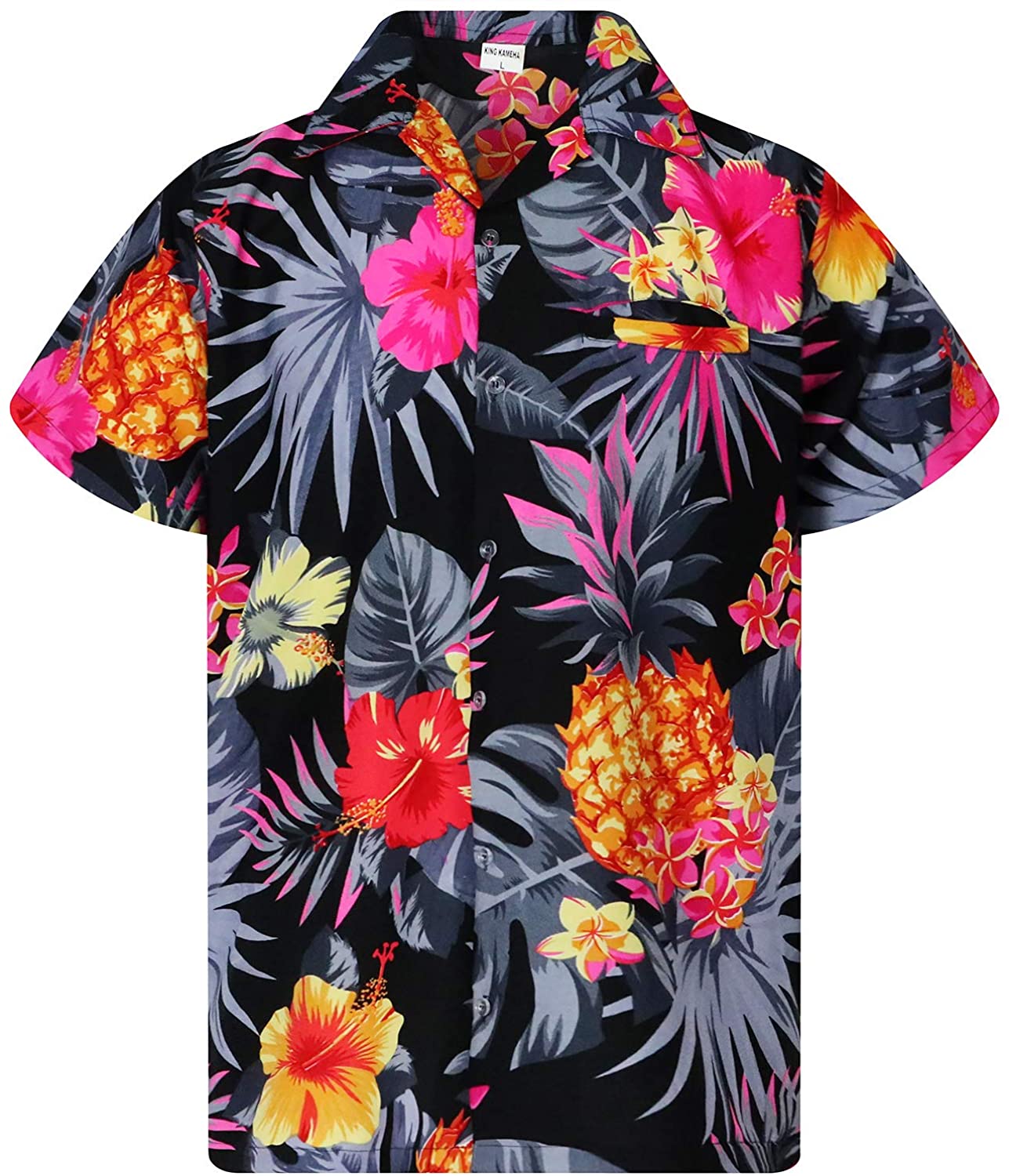 KING KAMEHA Funky Hawaiian Shirt Men Shortsleeve Frontpocket Hawaiian-Print  Leav