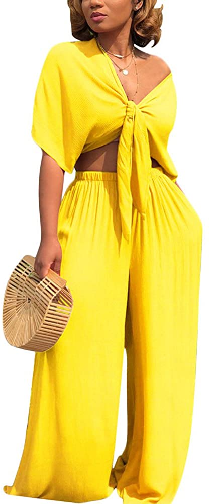 Aro Lora Womens 2 Piece Jumpsuit Ruched Sleeveless Crop Top Ruffle Wide Leg Pant Set Romper Outfit