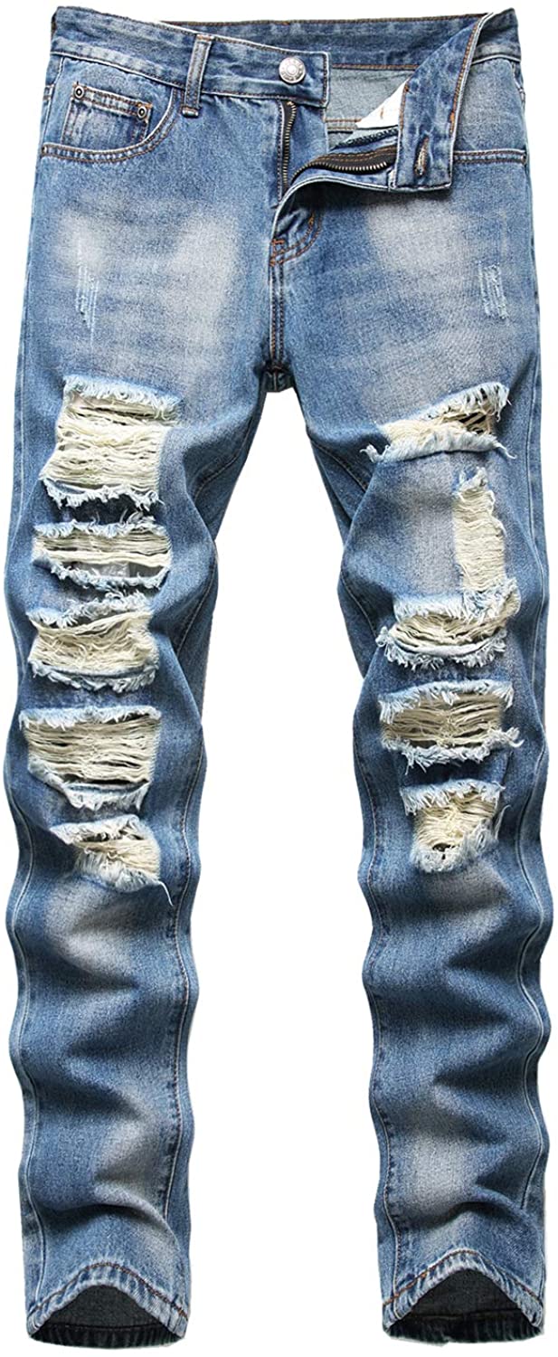 Mens Jeans For Men Denim Pants Straight Fit Destroyed Ripped