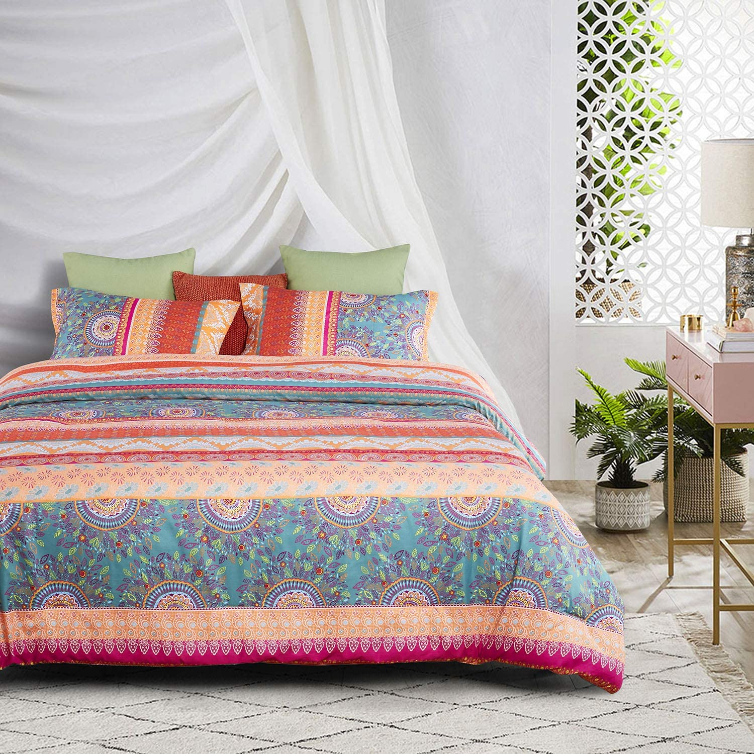 Wake In Cloud - Bohemian Comforter Set, Orange Coral Boho ...