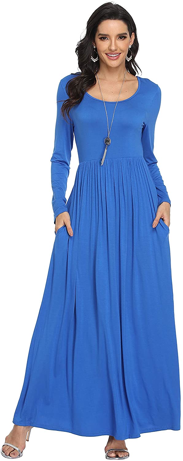 VintageClothing Women's Long Sleeve Maxi Dress with Pockets Soft Floral Plain Casual Loose Long Dresses 