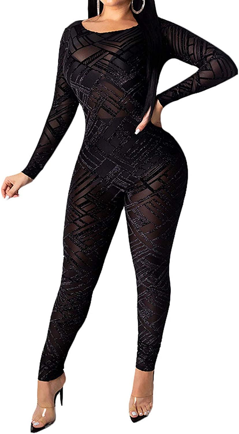 One Piece Deep V Neck Outfits Sheer Mesh Leopard Clubwear Jumpsuit Rompers Uni Clau Women See Through Bodycon Jumpsuit 