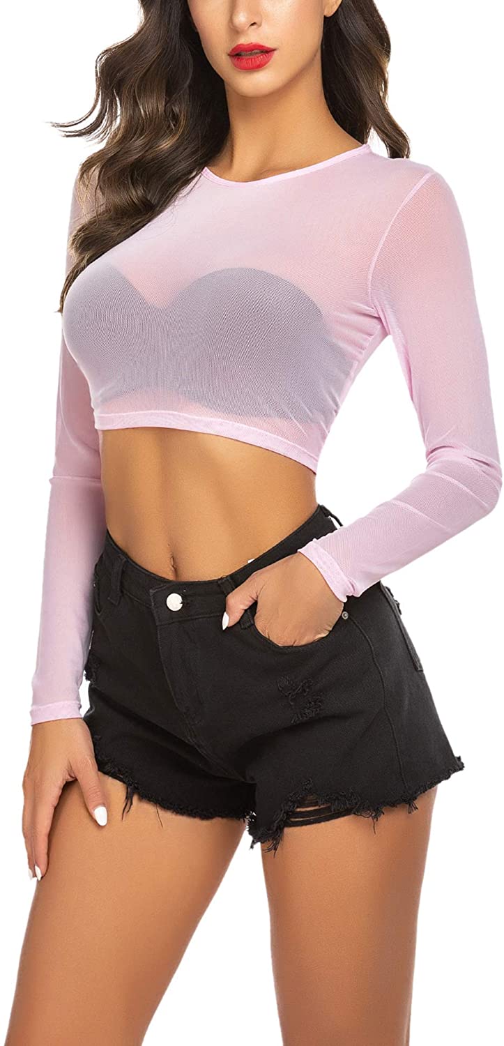 ADOME Mesh Crop Top for Women Sheer Tee Shirt Blouse Mesh Long Sleeve Top ( Black, S) at  Women's Clothing store