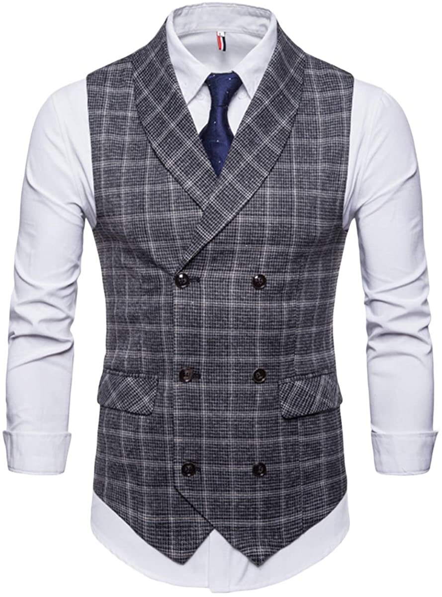 Men's Plaid Tweed Suit Vest Double-Breasted Casual Waistcoat Shawl ...