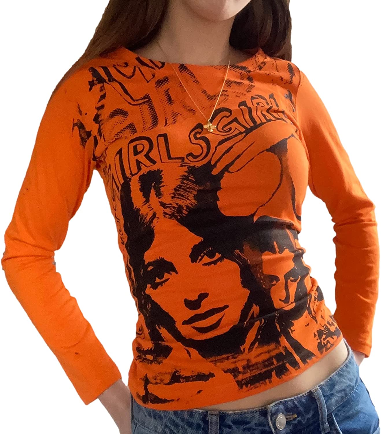 Womens Face Portrait Print Crop Top Y2K E-Girls 90s Long Sleeve Shirt  Graphic Pr
