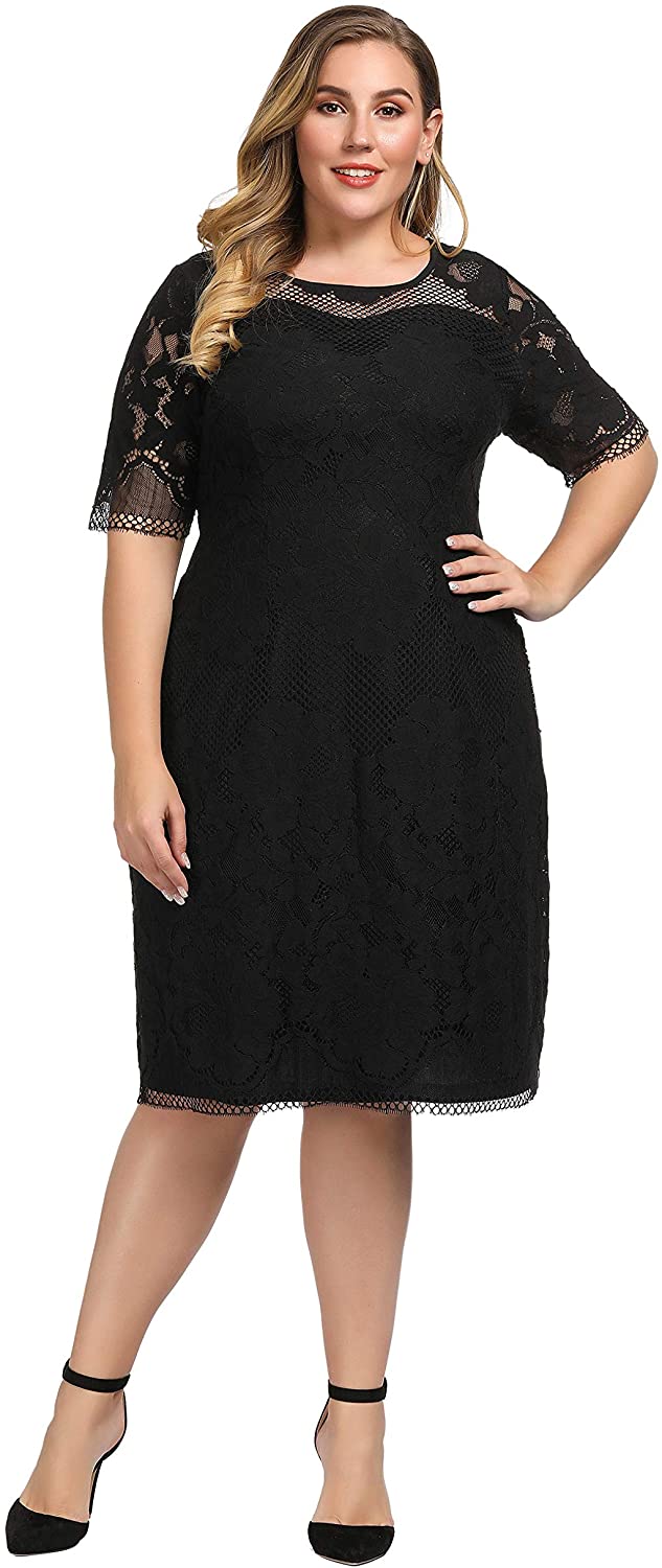 Chicwe Womens Plus Size Lined Floral Lace Dress Knee Length Casual 