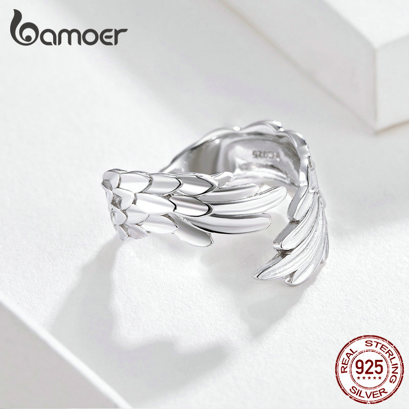 BAMOER Guardian Wings Ring Authentic 925 Sterling Silver Free Size Adjustable Finger Rings for Women Fashion Jewelry SCR512-3