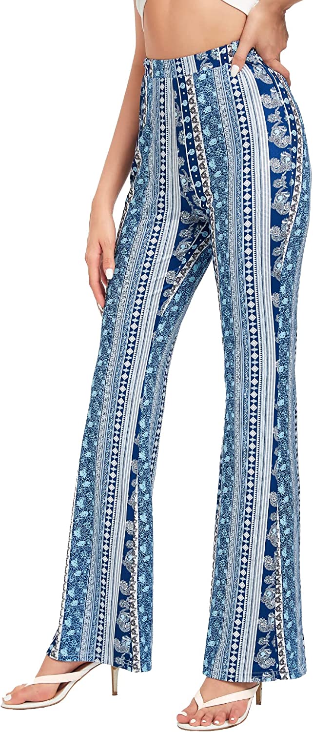 SOLY HUX Women's Print High Waisted Flare Pants Leggings Bell Bottom Wide  Leg Lo
