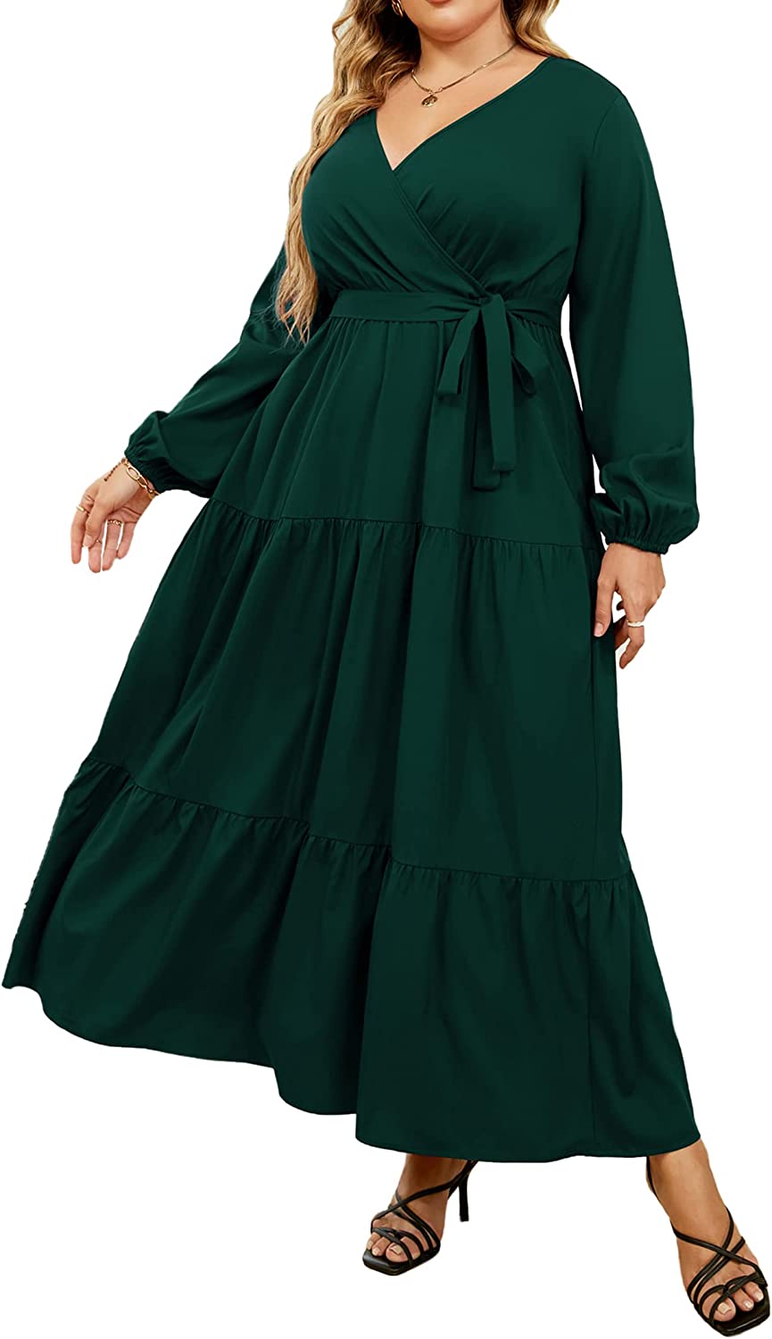 KOJOOIN Plus Size Long Sleeve Maxi Dress for Women V Neck Empire