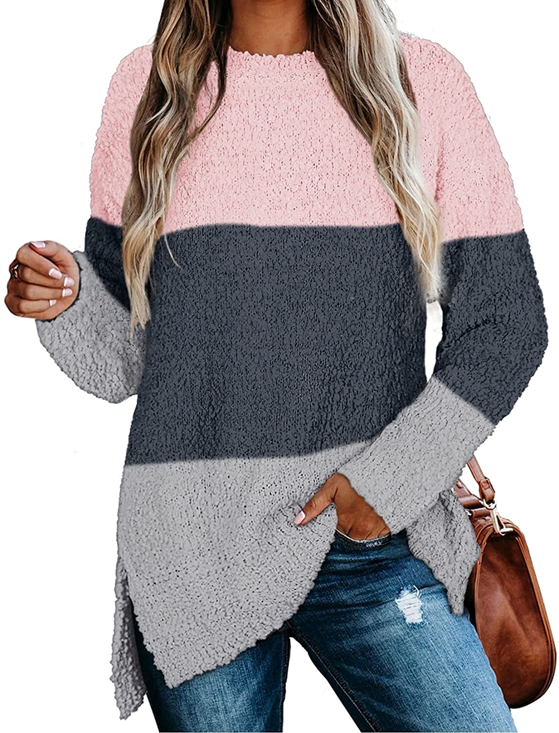 NIASHOT Sweaters for Women Oversized Crewneck Long Sleeve Side Slit Tunic Tops 