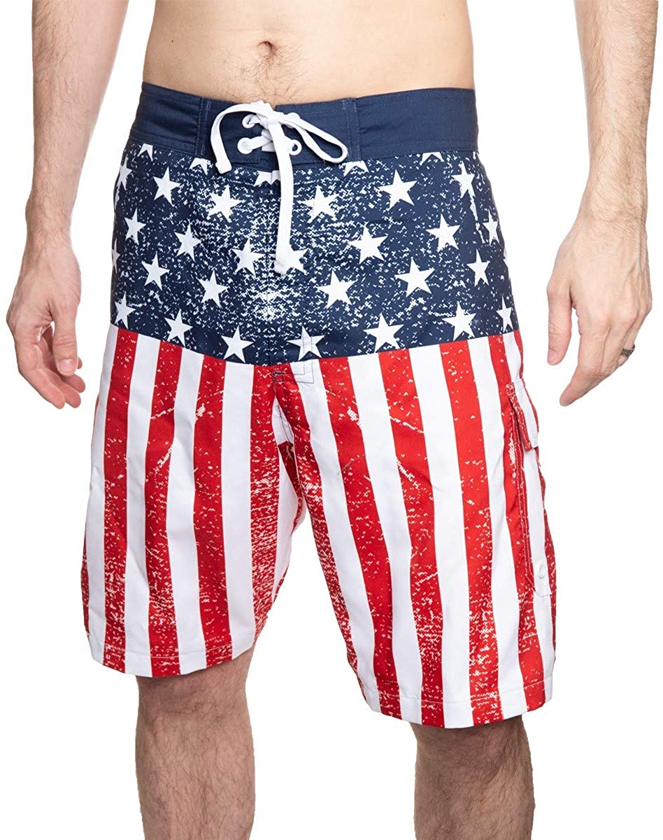 Mens USA Flag Distressed Patriotic Flag 4th of July Board Shorts with Pocket 