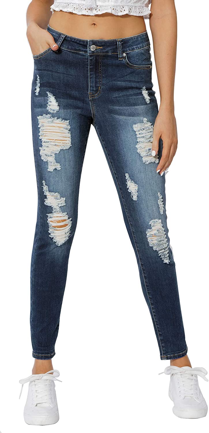 Women's Skinny Ripped Jeans Stretch Destroyed Mid High Waist Denim Pants 