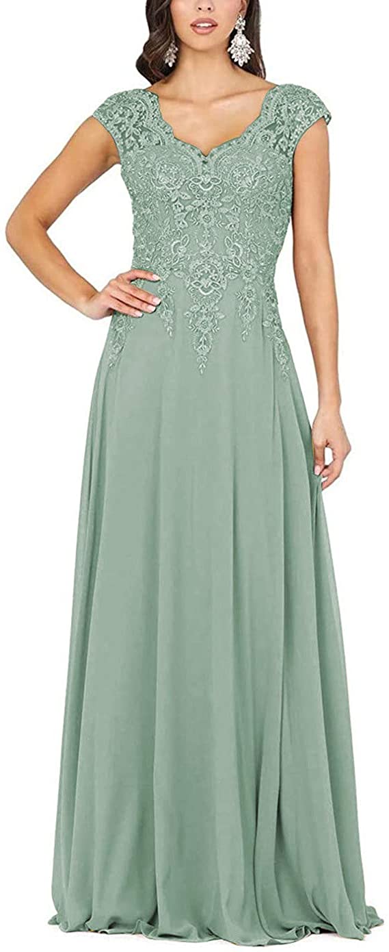 V-Neck Lace Appliques Mother of The Bride Dress Long Cap Sleeves ...