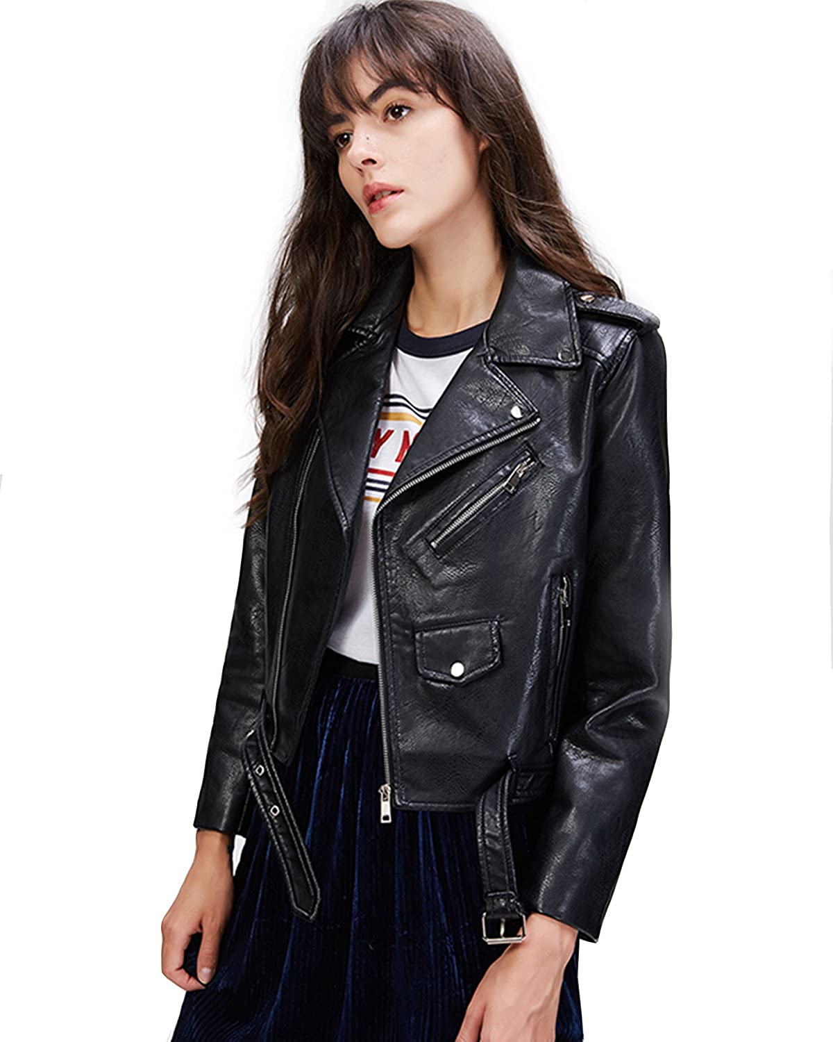 LY VAREY LIN Women's Asymmetrical Leather Jacket Loose PU Motor Biker Coat  Outwear at  Women's Coats Shop