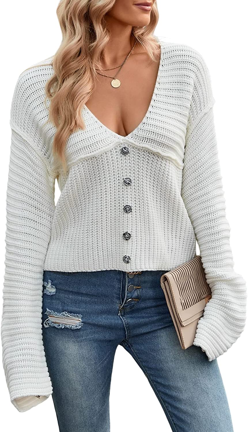 ZAFUL Women's Loose Long Sleeve V-Neck Ripped Pullover Knit Sweater  Crop Top | eBay
