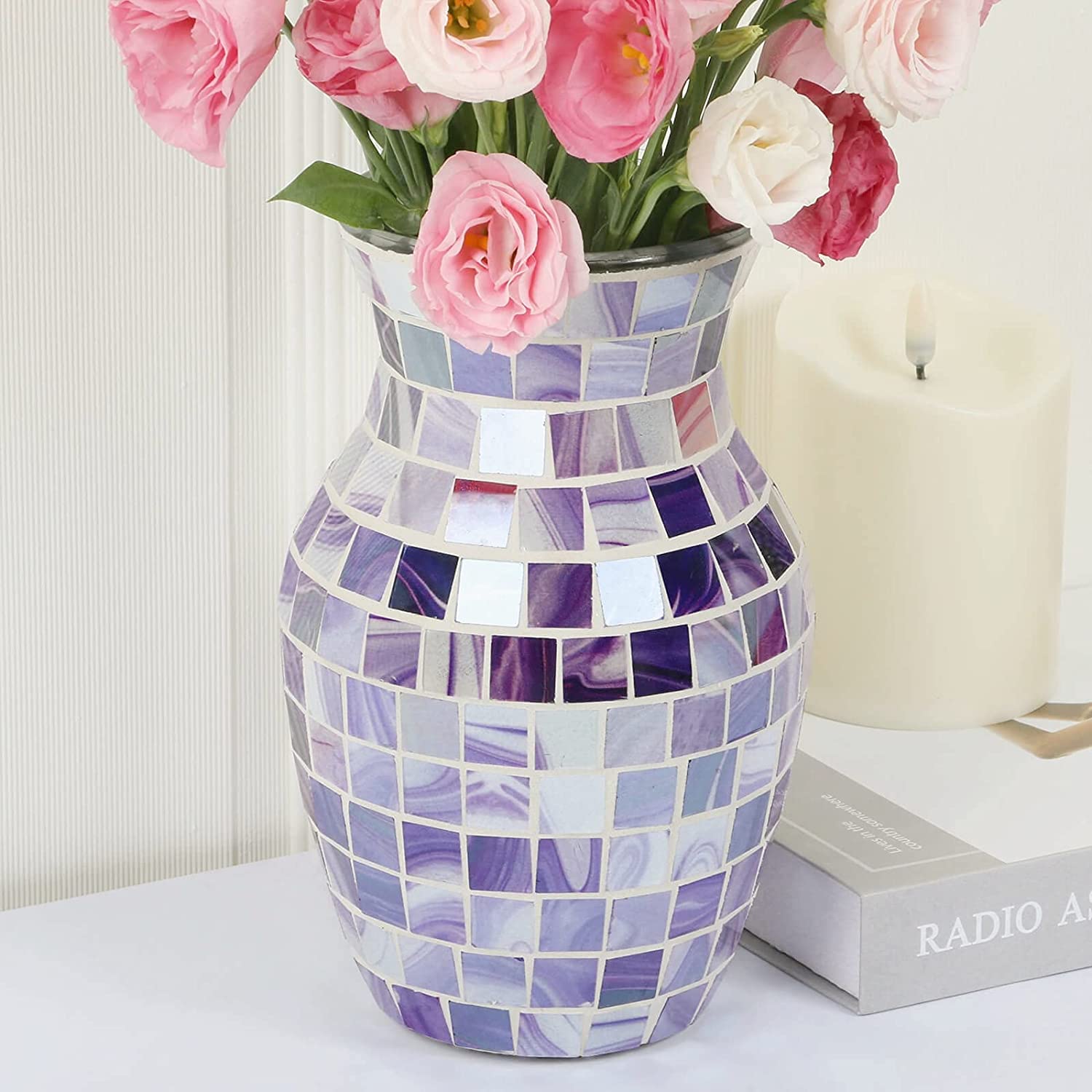 Pink Vases for Decor, Flower Vase for Living Room Decorations, Mosaic Marble Vas