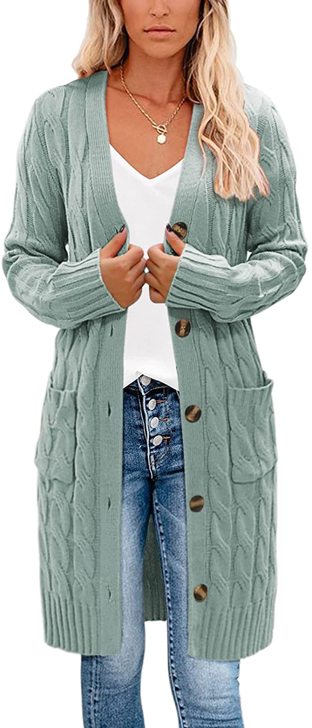 YUOIOYU Cable Knit Open Front Cardigan Sweaters Button Down Long Sleeve Outwear with Pockets 